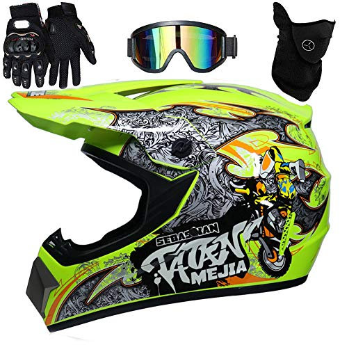 UIGJIOG Motocross Helm mit Brillen Maske Handschuhe, Herren Damen Motorrad-Helm Off-Road Downhill-Enduro-Helm-ATV-MTB-BMX Dirt Bikes Quad Motorräder Full-Face Schutz-Helm,G,M(54~55cm)