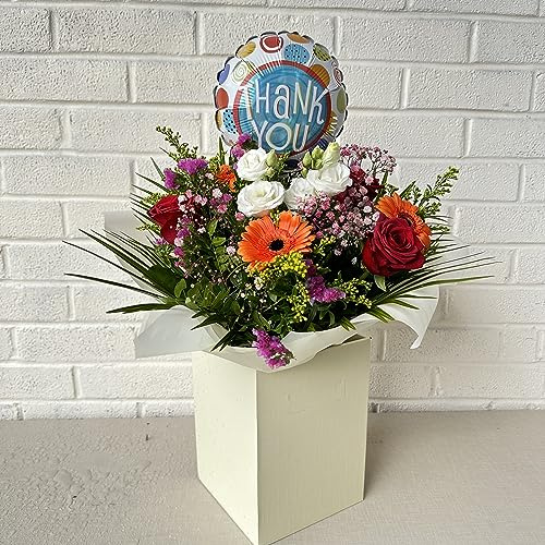 Thank You - Flower Arrangement with Orange Gerberas, Red Roses, White Lisianthus and Mixed Seasonal Blooms in bag Vase Pot – Vibrant Indoor Celabraion Floral Gift