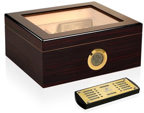 Slege Handcrafted Cigar Humidor, Humidor Cigar Cabinet,Cedar Humidore Cigar Box with Digital Hygrometer,Humidifier,Divider,Desktop Humidor Glass for Men,Cigar Accessories(25-50 Cigars)