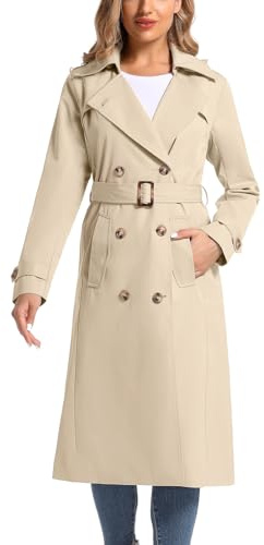 poonyfesh Women's Waterproof Long Trench Coat Double Breasted Length Classic Lapel Belt Coat With Removable Hood, Khaki, M