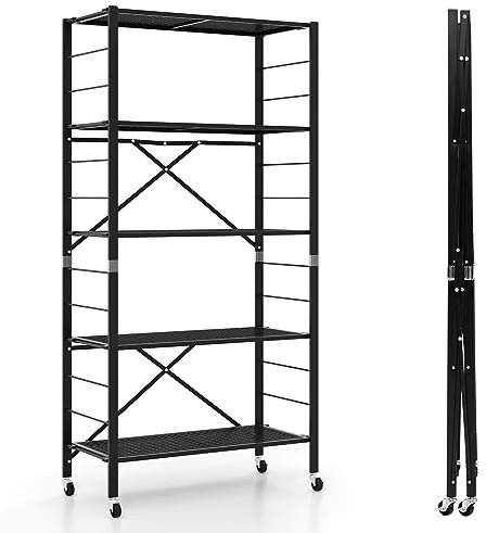 COSTWAY 3 in 1 klappbares Regal, DIY Küchenregal höhenverstellbar mit 8 Rollen, Metallregal freistehend, 5 Etagen Klappregal, Aufbewahrungssregal für Küche, Balkon, Garage