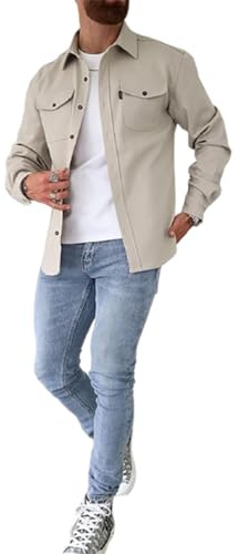 Chaqueta Tipo Camisa con Botones para Hombre,Sobrecamisa con Botones para Abrigo de Trabajo de algodón,Manga Larga Ajustada para Hombre (M,Light Apricot)