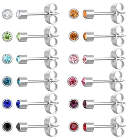 JMFENFA Set di 12 paia di piercing per orecchio, in acciaio inox chirurgico, multicolore, Birthstone Cubic Zirconia per orecchio, piercing, Acciaio inossidabile, argento 4 mm