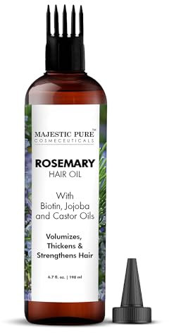 Majestic Pure Huile de romarin 100 % pure avec biotine pour soins capillaires, formule renforcante, nourrissante et volumisante à l'huile de jojoba et à l'huile de ricin – Sans OGM, 198 ml
