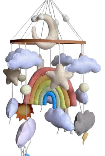 Weather Nursery Mobile with Rainbow, Realistic Felt Clouds, rain, Clouds, Stars, Sun, Moon Mobile, Ceiling Mobile, Newborn Gift.
