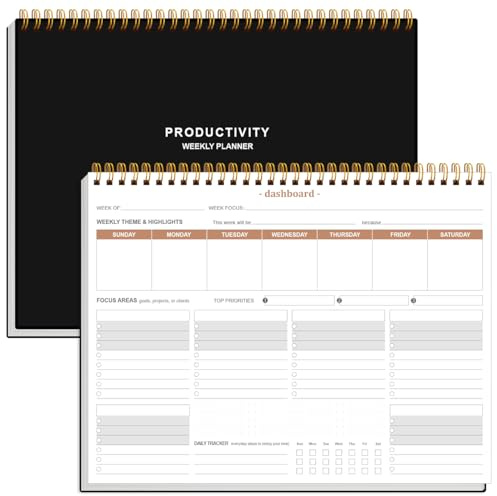 Weekly Productivity Planner - 8.5 x 11 Dashboard Desk Notepad Has 6 Focus Areas to List Tasks for Goals, Projects, Clients, Academic or Meal-Organize Your Daily Work Efficiently, 54 Weeks, Black