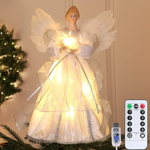 SINTENILL 12.5 Angel Christmas Tree Topper with Lights, Lighted Angel Tree Topper with White Feather Wings and Star Light, Remote Control, Timer & USB Powered for Indoor Holiday Tree Decoration