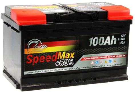 SpeedMax Batterie Auto 100 Ah 850A 12v L4 Puissance Maximale, Longue Durée, de tailles allant de L0 à L6 et également pour véhicules utilitaires et camions 82 85 90 95 100 ah sans entretien
