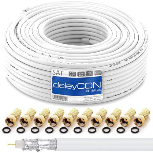 deleyCON 30m HQ+ Câble Coaxial Satellite SAT 135dB Blindé 5 Couches DVB-S DVB-S2 DVB-T DVB-C 4K 1080p FULL HD HDTV + 10 Connecteurs F Plaqués Or