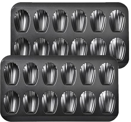 Myyaowl 2 Pack Madeleine Pans,12-Cavity Nonstick Shell Cake Molds for Baking, Heavy Duty Carbon Steel Madeleines Tray, Warp-Resistant Oven Bakeware, Black