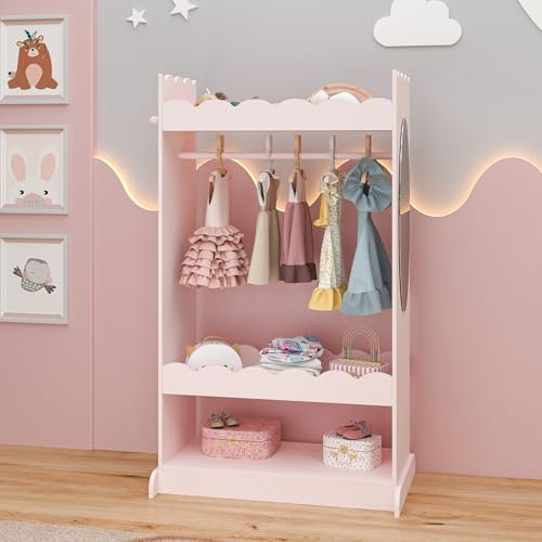 [en.casa] Children's Wardrobe Standing Vestnes Children's Wardrobe with Mirror and Clothes Rail 115 x 63 x 38 cm Clothes Rack with 3 Hooks Wave Design Cotton Candy