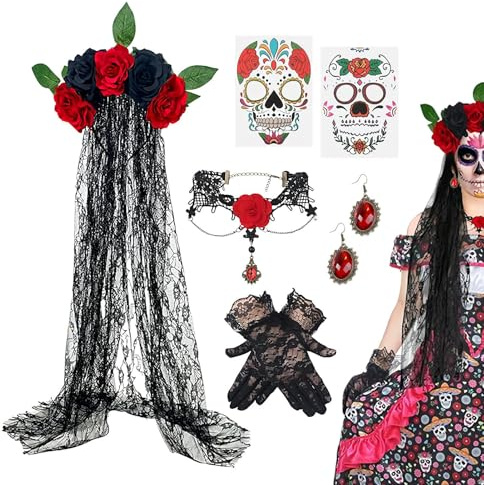 Day of the Dead kostymset | De dödas dag halsband huvudbonad set – halloween spetshandskar slöja örhängen halsband kostym för kvinnor vuxna scenframträdande cosplay maskerad