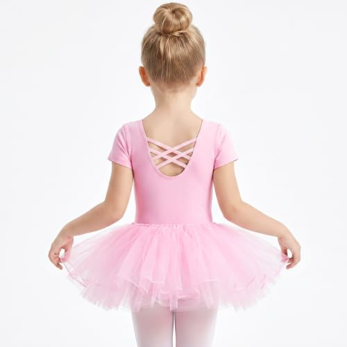 AOOWU Girls Ballet Dress, Short Sleeve Ballet Outfit, Kids Dance Leotard Costume, Cotton Backless Leotard, Toddler Dance Body with Chiffon Tutu Skirt, Gymnastics Leotard for Girls 3-12 Years, Pink