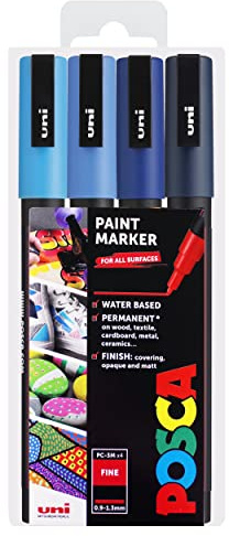 Uni-Ball-Posca, PC-3M, set di 4 pennarelli per decorazioni artistiche, in custodia di plastica, diverse gradazioni di blu