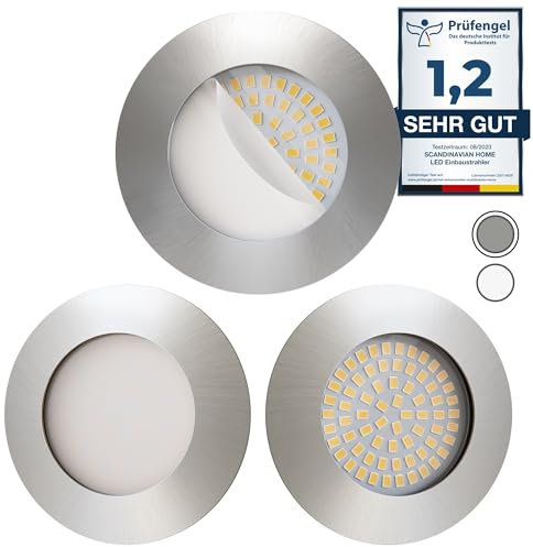 Scandinavian home 3er Set LED Einbaustrahler 230V 4,5W Warmweiß 60mm - 70mm I Badezimmer geeignet I CRI 90 500lm 3000K 68mm I Edelstahldesign mit Milchglas I LED Spot Deckeneinbauleuchte flach