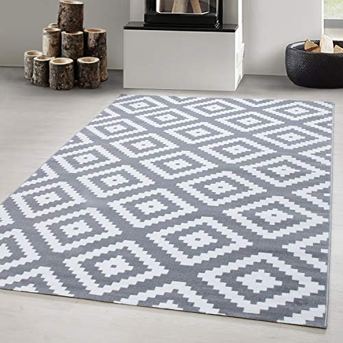 Carpetsale24 Teppich 80x300 cm Grau Kurzflor Rauten Design Moderner Läufer für Wohnzimmer Schlafzimmer Flur Küche Esszimmer Kinderzimmer Pflegeleicht Weich