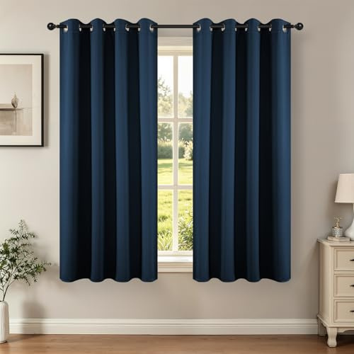 Joydeco Blackout Curtains 63 Inch Length 2 Panels Set, Thermal Insulated Long Curtains& Drapes 2 Burg, Room Darkening Grommet Drapes for Living Room Bedroom Window (W52 x L63 Inch, Navy Blue)