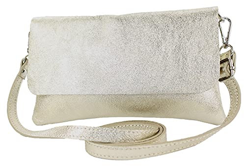 modamoda de T226 Damen Leder Clutch Umhängetasche Abendtasche Small handmade in Italy, Farbe:Lightgold Metallic