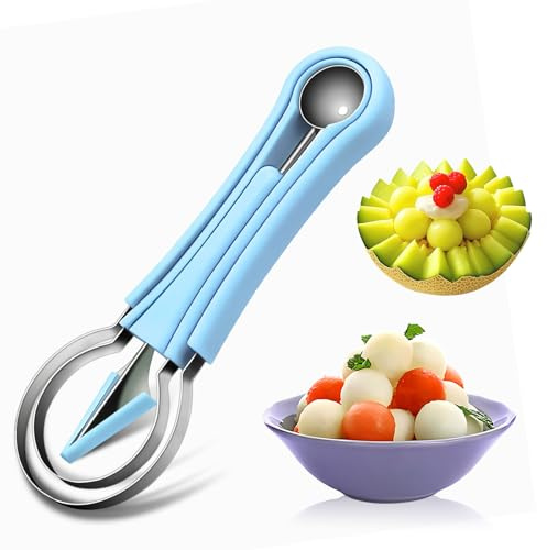 Suuker Melon Baller Scoop Set,Professional 4 In 1 Stainless Steel Fruit Carving Tools Knife Kit, Watermelon Knife for Ice Cream Melon,Dig Pulp Separator Fruit Slicer (Blue)