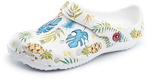 Schu'ZZ - Bedruckter Globule – Clog aus Kunststoff für Damen – bequem, leicht, sehr robust – CE-zertifiziert – für Zuhause und Outdoor-Aktivitäten – Tropisch, 38 EU, Tropisch, 38 EU