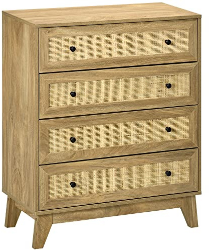HOMCOM Cómoda con 4 Cajones Cómoda Dormitorio Estrecha con Frontales de Ratán y Patas Elevadas Cajonera para Salón Oficina 80x35x95 cm Natural