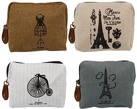 Geldbeutel Mini, DIYCUT Kleines Portemonnaie Damen, 4 Stück Münzgeldbeutel Vintage, Mini Geldbörse Damen Canvas Münzgeldbeutel mit Reißverschluss und Muster, für Münzen, Karten, Schlüssel