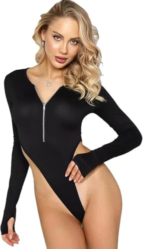 FFWTPY Body Manche Courte Femme Bodysuit Fermeture Éclair Manches Longues Bodys Moulant Élégant Combinaison String Vêtement Sculptant Confortable pour Quotidien Soirée