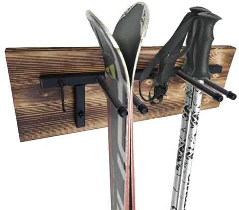 QLS Skihalterung Wand Skihalter für 2 Paare 47 cm Schi Nordic Walking Trekking Holz hölzerne Hakenleiste S3 2