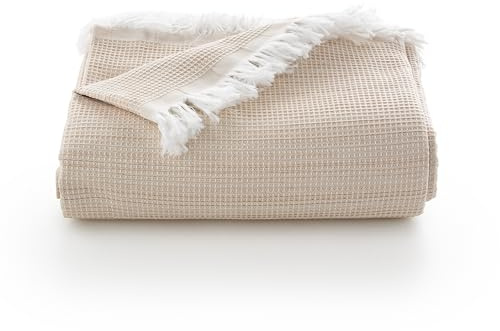 GAMUSI Colcha Multiusos Cama 135/150 cm y Sofa. Plaid Foulard cubrecama Funda Sofa 3 plazas Suave y Transpirable algodón Nido de Abeja - 230x280 cm, Beige