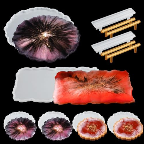 Wikimo 8 Stück Große Silikonformen gießformen für Tablett mit Tablettform, Tablettgriff Formen und Untersetzerformen, DIY Epoxidharz Silikonformen zur Herstellung von Griff Tablett und Untersetzer