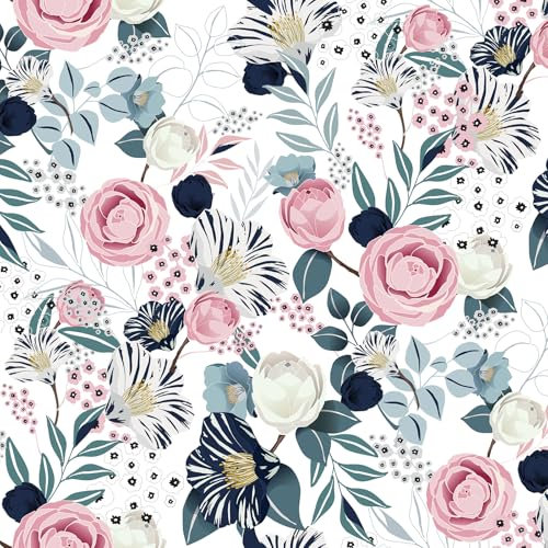 VaryFloral Fototapete Selbstklebend Blumentapete 30.5cmx300cm Pfingstrose Wandtapete Selbstklebende Tapete Weiß Aquarell Marineblau Blatt Mustertapete Rosa Blume Tapeten Wohnzimmer Kabinett Schublade