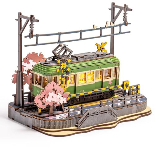 ROBOTIME Model Kits for Adults to Build Sakura Tram with LED Lights, 3D Wooden Puzzles Home Decor Gift for Adults Women Girls