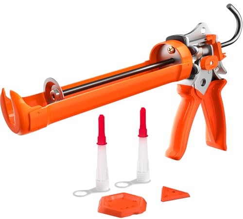 Holothurian Caulking Gun, Heavy-Duty Aluminum Caulk gun, 1/10 Gallon, Adjustable 12:1 & 25:1 Thrust Ratio, No-Drip, Built-in Nozzle Cutter and Puncture Tool, Two Nozzles and Scraper