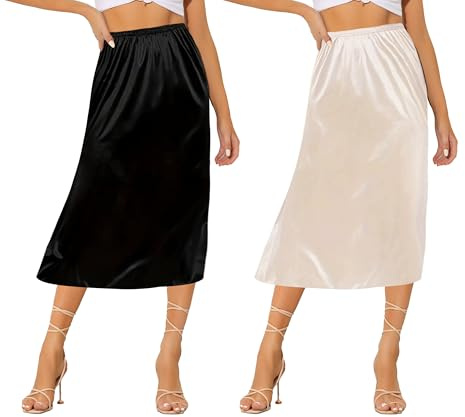 Ellames Women's 2 Pieces Half Slips for Under Dresses Satin Long Underskirt Half Slip Shirt Skirt Extender Black & Nude 27 Medium