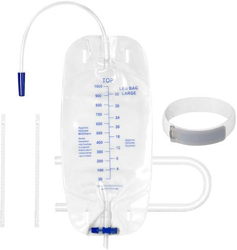 Urinbeutel Set, 5 Stück, 1000ml, 30 cm Schlauchlänge, Anti-Reflux-Ventil, Beinbeutel mit Flip-Drain und verstellbaren Stoffbändern (5 Stück 1000ml/cc)