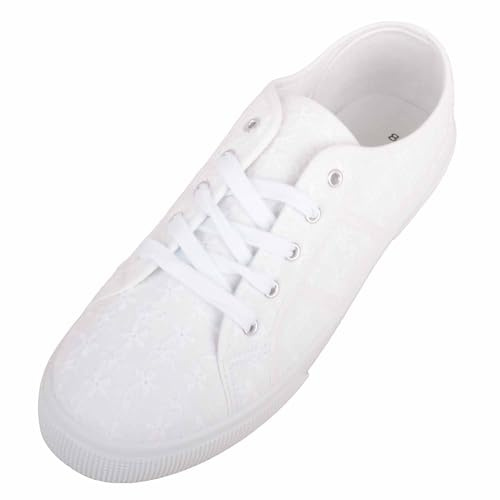 ABSOLUTE FOOTWEAR Womens Canvas Floral Lace Up Pumps Trainers, Platform Sole, White, UK 6