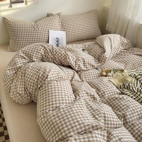 Michorinee Housse de Couette Vichy 220x240 Marron avec 2 Taies d'oreiller 65x65 cm - Parure de Lit Adulte 2 Personnes en Microfibre - Linge de Lit à Carreaux avec Fermeture Éclair
