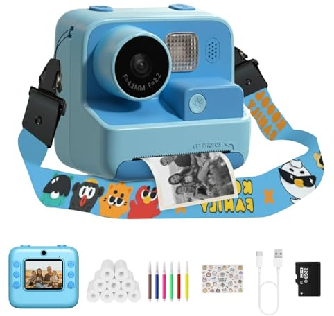 Kids Kam The OG Instant Print Camera, 48MP Kids Digital Camera for Girls Boys Birthday with 32GB TF Card, 3 Rolls of Printing Paper, 6 Colour Pens (Blue + 9 Rolls)