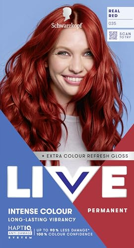 Schwarzkopf LIVE Intense Colour Hair Dye, 035 Real Red | Permanent Red Hair Dye, HaptiQ Anti-Damage System, Long-Lasting Results, with Colour Refresh Gloss