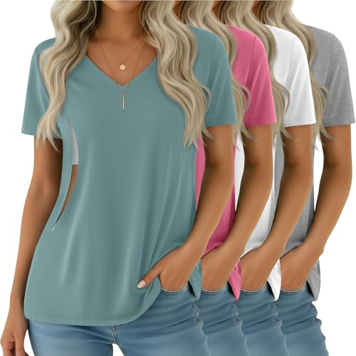 Velvelhall 4 Pack Women's Nursing Shirts for Breastfeeding with Hidden Zipper V Neck Short Sleeve Loose Fit Maternity Tops(Light Gray, White, Dark Pink, Gray Blue,X-Large)