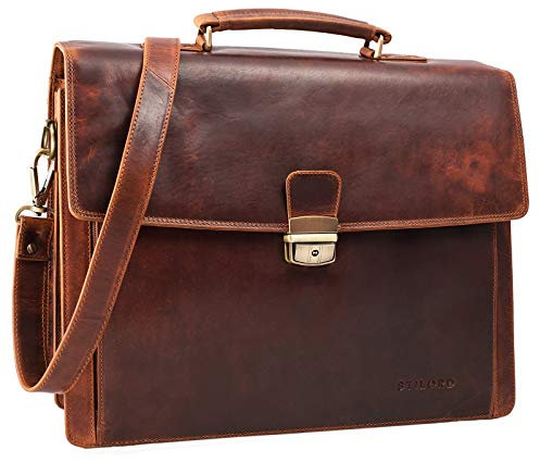 STILORD 'Noel' Aktentasche Leder Herren Vintage groß klassische Arbeitstasche Bürotasche Umhängetasche Dokumententasche mit Laptopfach 13,3 Zoll und Trolleyschlaufe, Farbe:kara - cognac