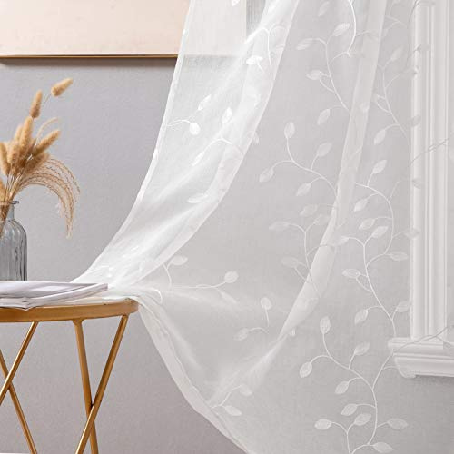 MIULEE Cortinas Bordadas Visillos Translucidos de Dormitorio Dibujo Trigo Cortina con Ojales Decoración para Ventana Comedor Salon Cocina Habitación 2 Piezas 140x260cm Trigo Blanco