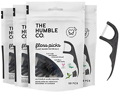 The Humble Co. Dientes de hilo dental vegetal, carbón activado, ecológico, vegano, sin azúcar, recomendado por dentistas, elimina la placa y da una sensación de frescor (4 x 50 p)