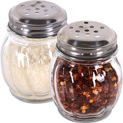 Mr. Kitchen's Red Pepper Shaker or Parmesan Cheese Shaker; Bulk Swirl Glass Cheese Shaker Set with Perforated Stainless Steel Lid (Set of 6)