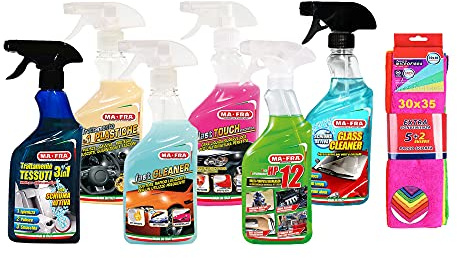 Ma-Fra Kit detergente per Trattamento Auto Interno ed Esterno. 3IN1 PLASTICA-LAST TOUCH-HP 12 - FAST CLEANER - GLASS CLEANER - Trattamento TESSUTTI 3IN1. INSIEME 7 PANNI MICROFIBRA MULTIUSO 30x35 cm