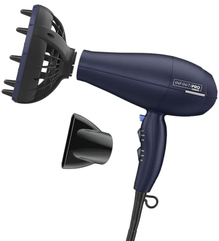 INFINITI PRO CONAIR Hair Dryer with Innovative Diffuser, Enhances Curls and Waves While Reducing Frizz, Dark Blue
