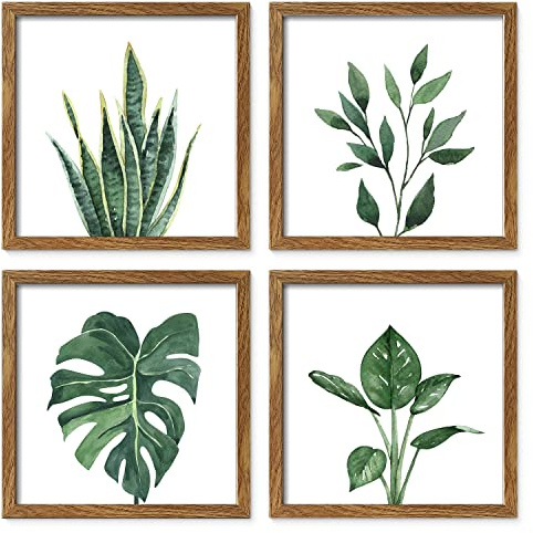 ArtbyHannah Framed Bathroom Wall Art Decor, 10x10 Botanical Artwork Walnut