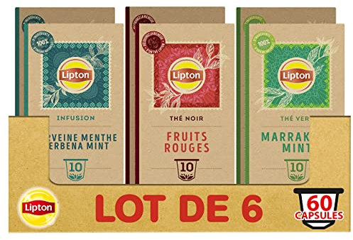 Lipton Assortiment de 3 Thés en Capsules Compatibles Nespresso : Thé Vert Marrakech Mint, Infusion Verveine Menthe, thé Noir Fruits Rouges, Compatibles Machines Nespresso, x60 capsules