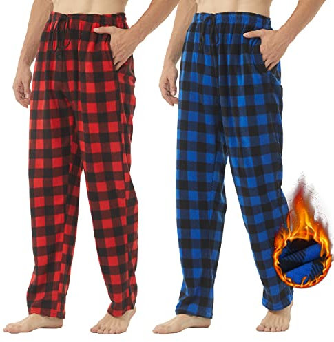 YUSHOW 2er Pack Schlafanzughose Herren Lang Fleece Karierte Pyjamahose Winter Warm Pyjama Hose Soft Freizeithose Weihnachts Pyjama mit Taschen und Kordelzug, Blau Schwarz Plaid + Rot Plaid Größe L