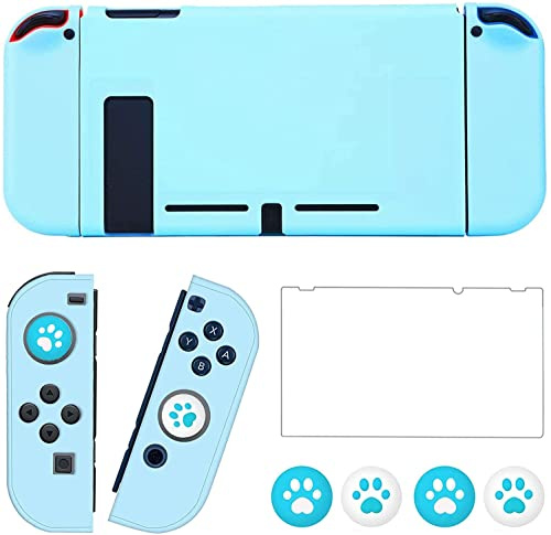 OLDZHU Funda Protectora Compatible con NS Switch,Funda Azul Delgada y acoplable para Consola NS y Controladores Joy-con,con Protector de Pantalla de Cristal,4Tapas de Agarre para el Pulgar (Azul)